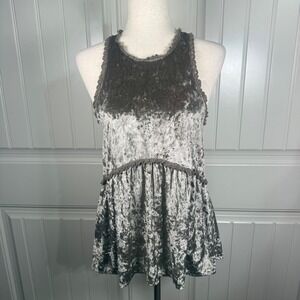 POL Crushed Velvet Tank Top Womens Size Medium Gray Polyester Boho Crochet Lace